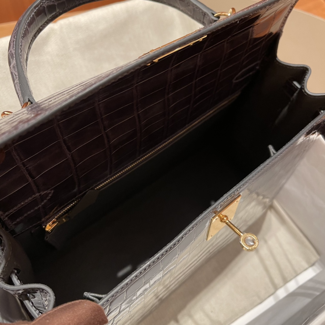 에르메스 켈리백32 브라운 금장 샤이니 악어가죽